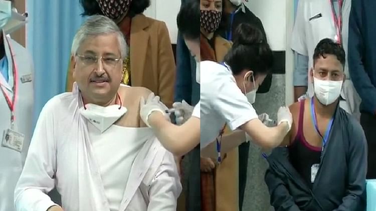 एम्स के डायरेक्टर डॉ. रणदीप गुलेरिया और सफाई कर्मी को लगाया गया टीका, केंद्रीय स्वास्थ्य मंत्री डॉ. हर्षवर्धन ने बजाई ताली Corona vaccination started at AIIMS, Delhi, the country's largest hospital.