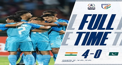 बैंगलुरू में, सैफ फुटबॉल चैंपियनशिप में पाकिस्तान को 4-0 से हराकर भारत ने जीत के साथ अपना अभियान शुरू किया