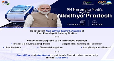 प्रधानमंत्री नरेंद्र मोदी सोमवार को भोपाल में पांच वंदे भारत एक्सप्रेस ट्रेनों को रवाना करेंगे