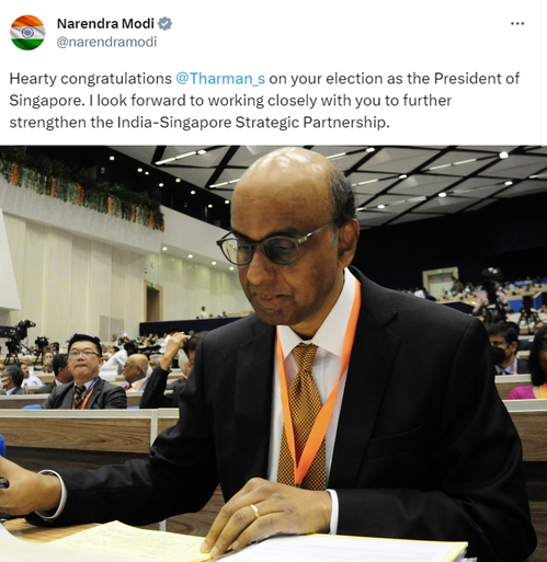 प्रधानमंत्री मोदी ने सिंगापुर का राष्ट्रपति चुनाव जीतने के लिए थरमन शनमुगरत्नम को दी बधाई