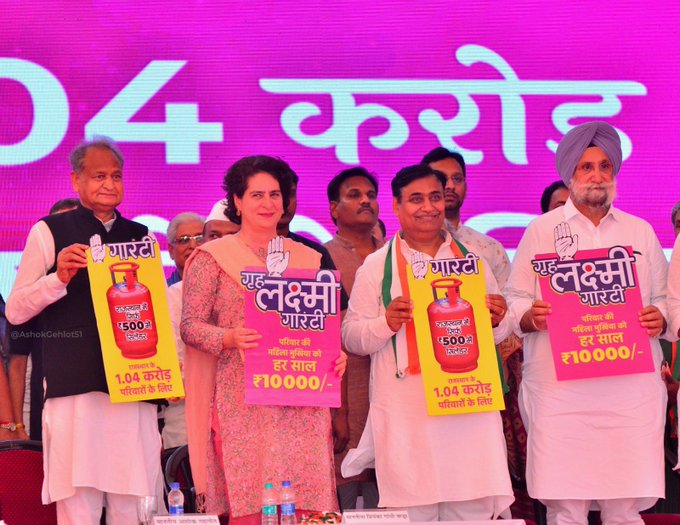 राजस्थान में कांग्रेस का बड़ा ऐलान- ‘सरकार बनी तो 500 में LPG सिलिंडर, घर की महिला मुखिया को हर साल मिलेंगे 10 हजार रुपये’