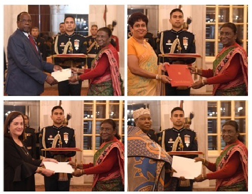 पांच देशों के प्रतिनिधियों ने राष्ट्रपति मुर्मू को परिचय पत्र किया प्रस्तुत Representatives of five countries presented identity cards to President Murmu