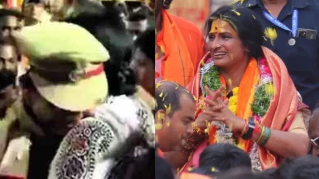 ड्यूटी के दौरान बीजेपी उम्मीदवार को लेडी पुलिस ऑफिसर ने लगाया गले, सस्पेंड