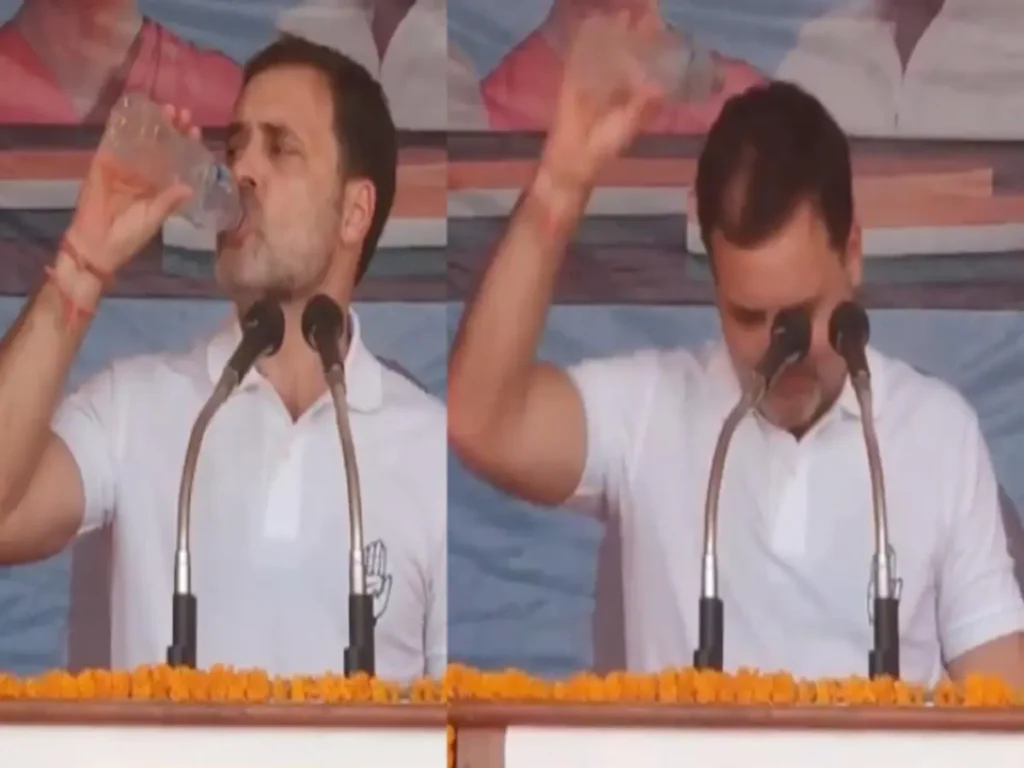 भाषण के बीच सिर पर पानी की बोतल उड़ेलकर बोले राहुल गांधी- ‘काफी गर्मी है…’